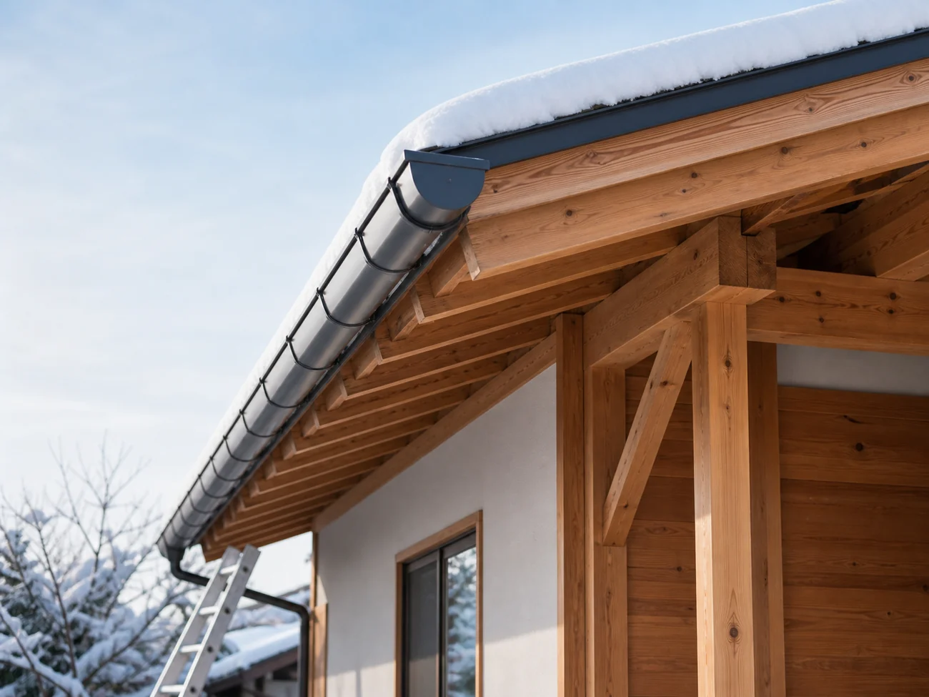 雪を受ける木の軒先