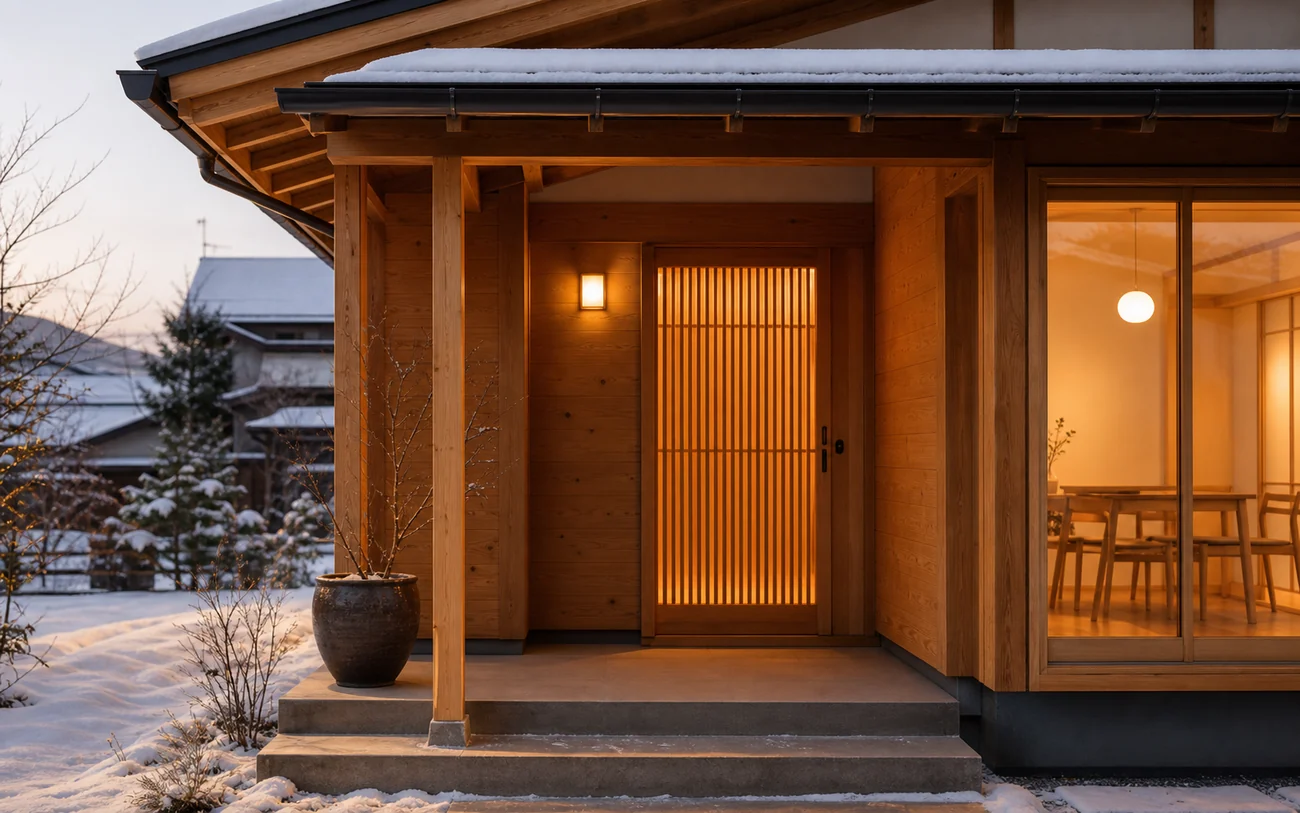 玄関まわりの雪よけと木格子の施工イメージ